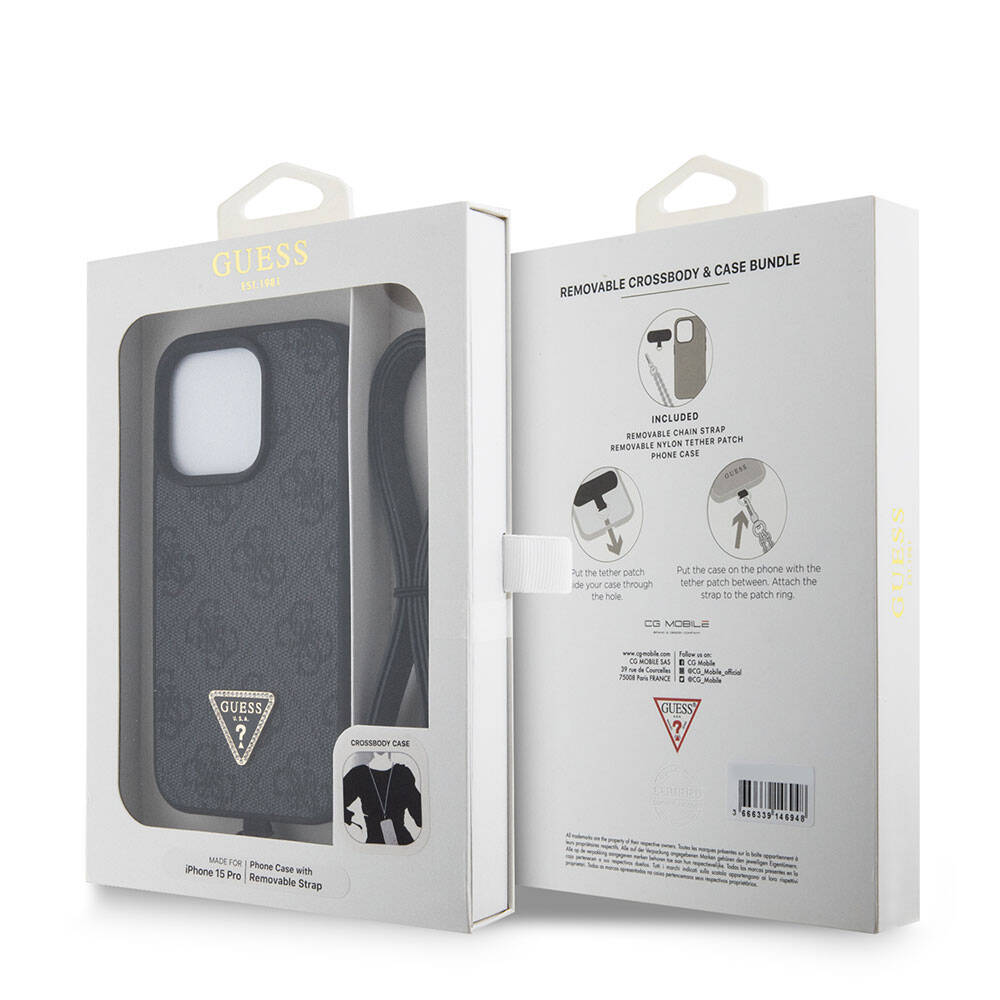 Guess iPhone 15 Pro Orjinal Lisanslı PU Deri Askılı Taşlı Üçgen Logo 4G Desenli Strass Crossbody Telefon Kılıfı - 16 Guess iPhone 15 Pro Orjinal Lisanslı PU Deri Askılı Taşlı Üçgen Logo 4G Desenli Strass Crossbody Telefon Kılıfı - 16